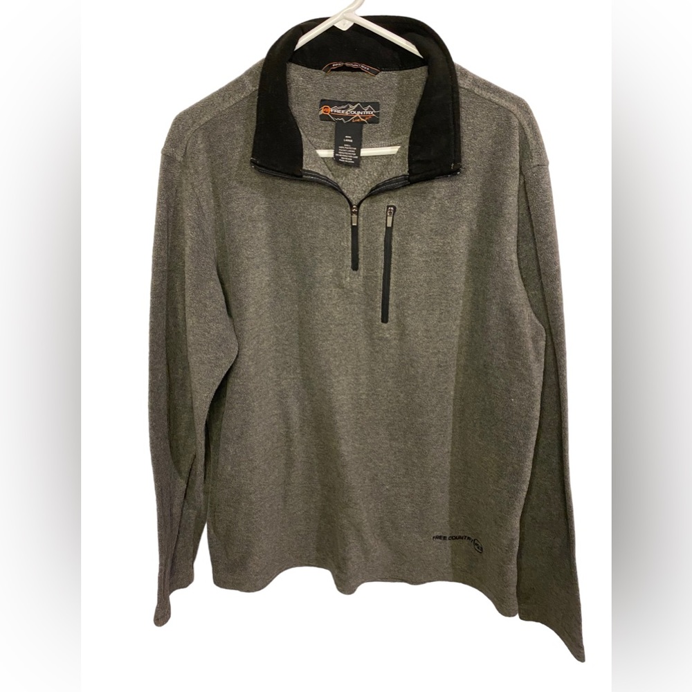Free Country Fleece Pullover Mens L Blue 1/4 Zip Long Sleeve Zip Pocket Gray